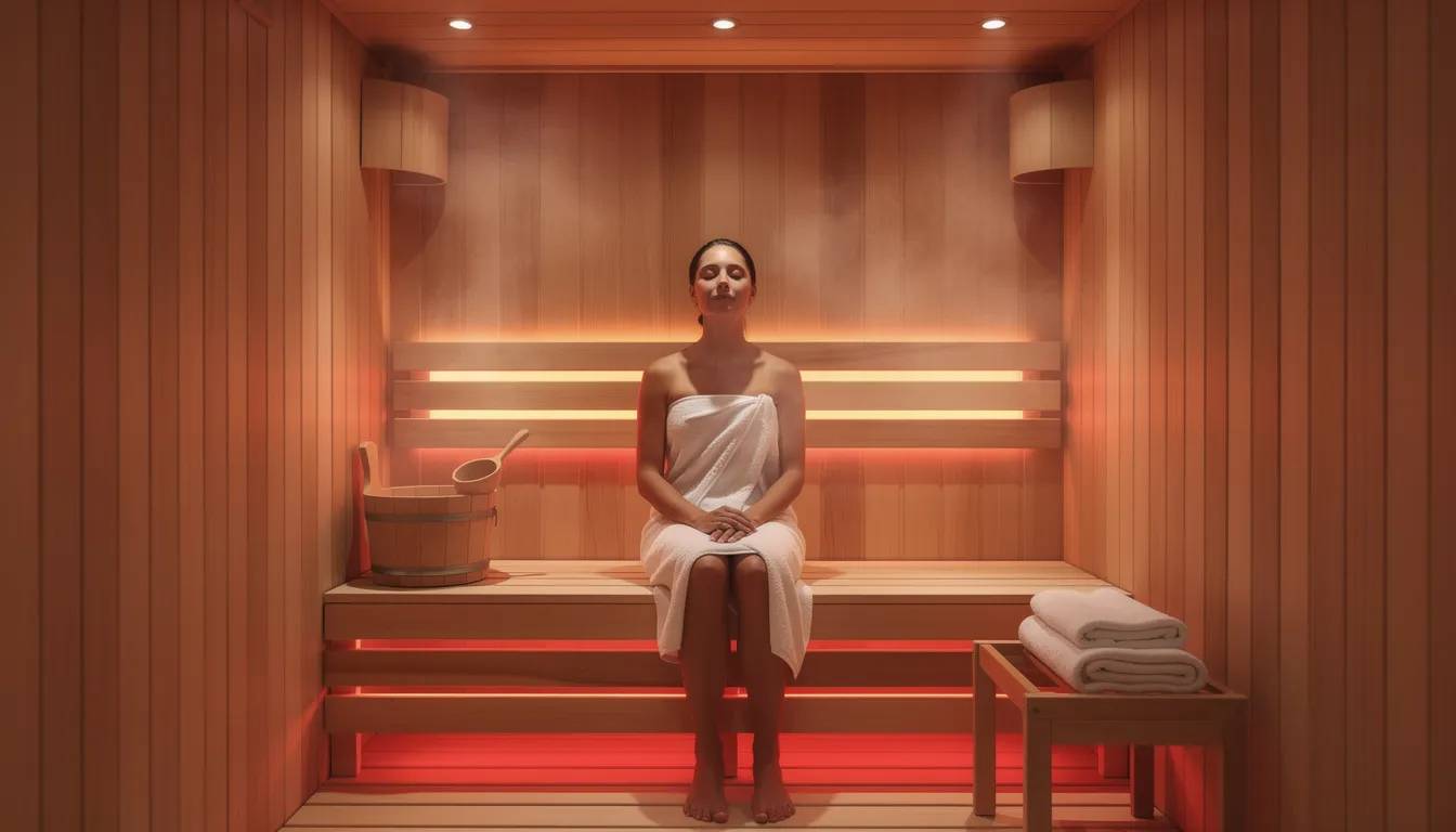 A person is sitting peacefully inside a wooden infrared sauna cabin, surrounded by soft ambient lighting that enhances the relaxation experience. The scene captures the essence of a wellness routine, highlighting the comfort and warmth of the infrared sauna, perfect for heat therapy and detoxification.