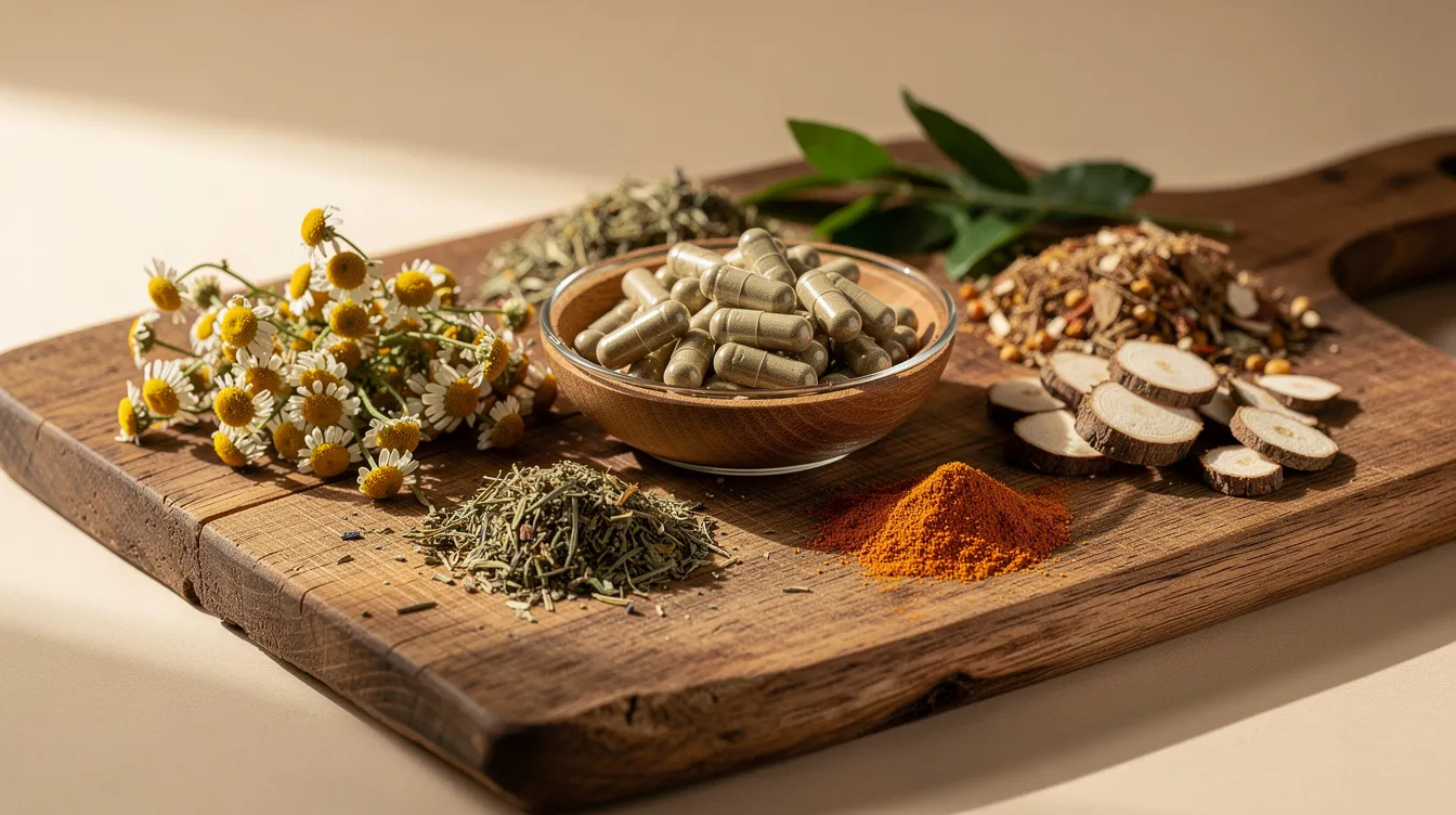 The image features an assortment of natural supplement capsules alongside raw herbal ingredients, all elegantly arranged on a wooden cutting board. This display emphasizes the essential elements of testosterone support, highlighting products aimed at boosting testosterone levels naturally and enhancing muscle mass.