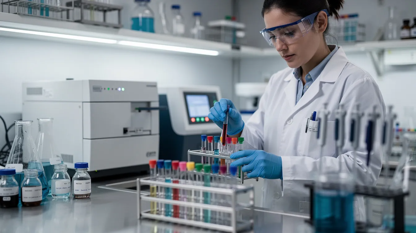 Ein Laborwissenschaftler arbeitet mit analytischen Geräten und Testtuben, um die Inhaltsstoffe der Cannabispflanze zu untersuchen. Dabei analysiert er Verbindungen wie THC und CBD, die wichtige Cannabinoide in der Pharmakologie darstellen.