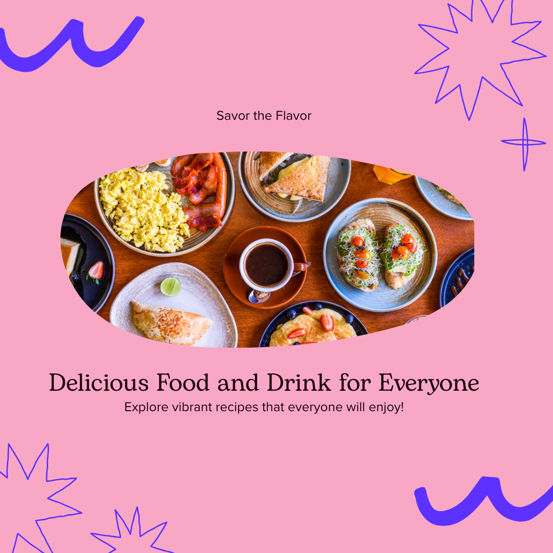 "Bright, contemporary graphic with delicious food and drink elements, perfect for an inclusive culinary blog section."