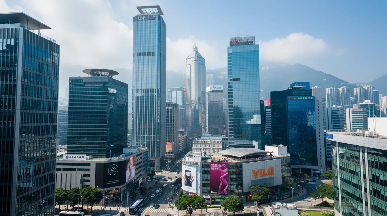 The image depicts a modern skyline of Hong Kong's business district during the daytime, showcasing sleek office buildings against a clear blue sky. This vibrant urban landscape reflects the dynamic environment where small and medium enterprises, seeking 中小企業貸款 and financing options, thrive.