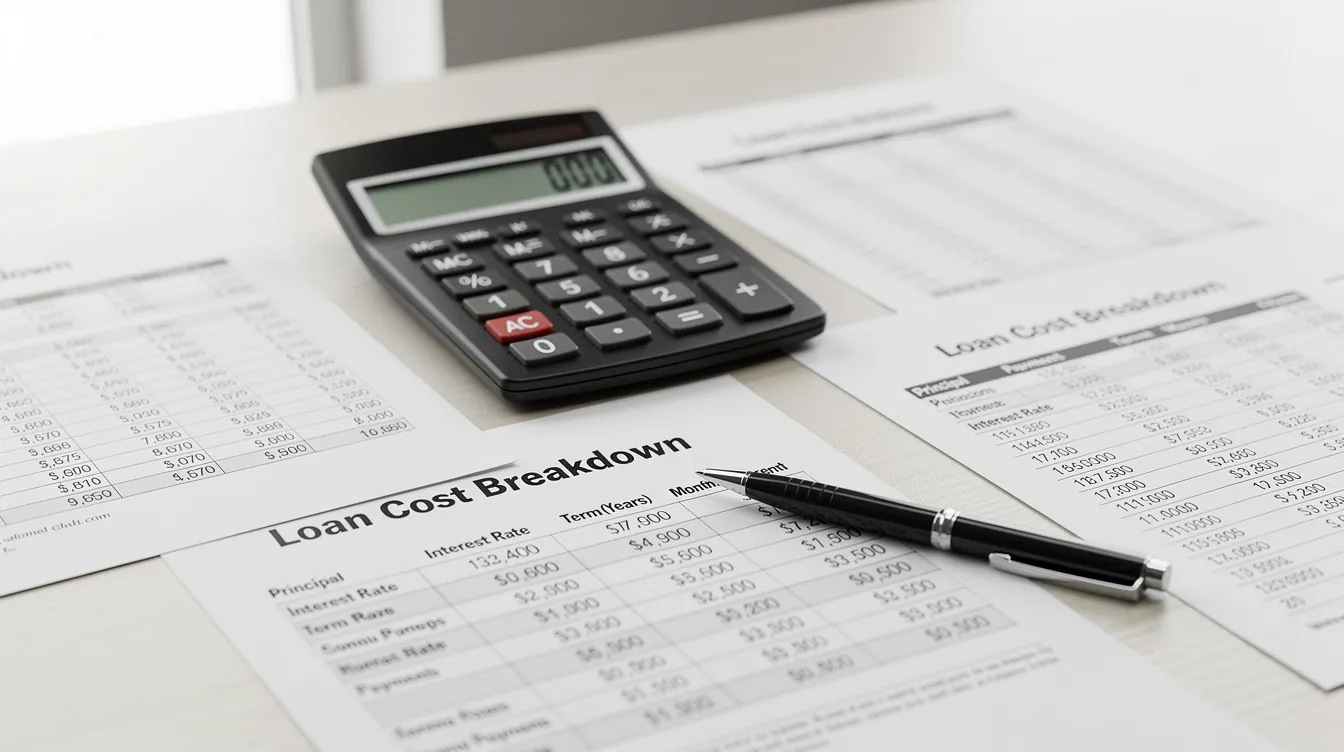 A calculator sits on a desk alongside various financial documents, symbolizing the process of calculating loan costs, including terms such as 年 利率 and 還款 期 for different 貸款 產品. The scene reflects the meticulous nature of financial planning often required when dealing with 私人 貸款 and traditional 銀行 options.