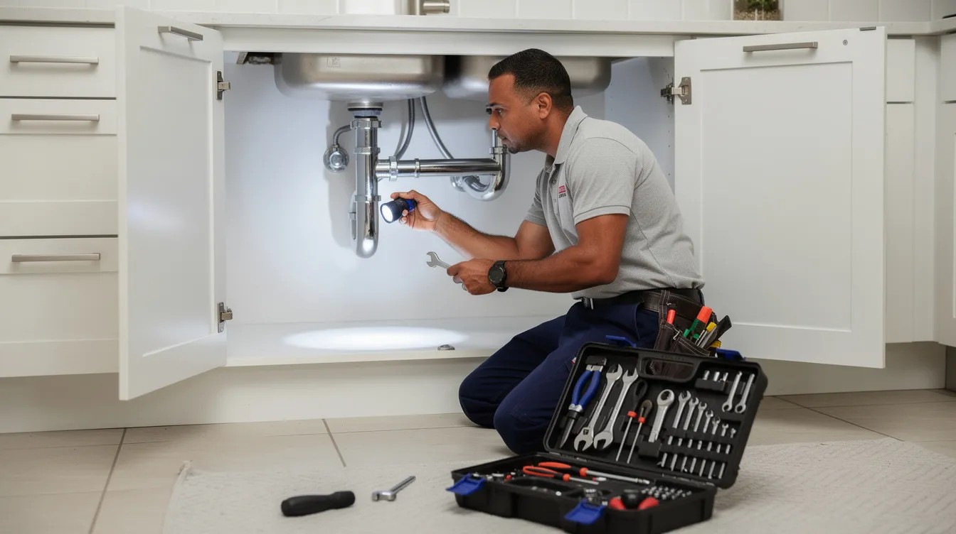 A maintenance professional is inspecting plumbing under a sink, equipped with various tools, highlighting the importance of proactive property management in addressing maintenance issues. This routine maintenance is essential for maintaining a well-maintained property and ensuring tenant satisfaction, which ultimately impacts property value and tenant retention.