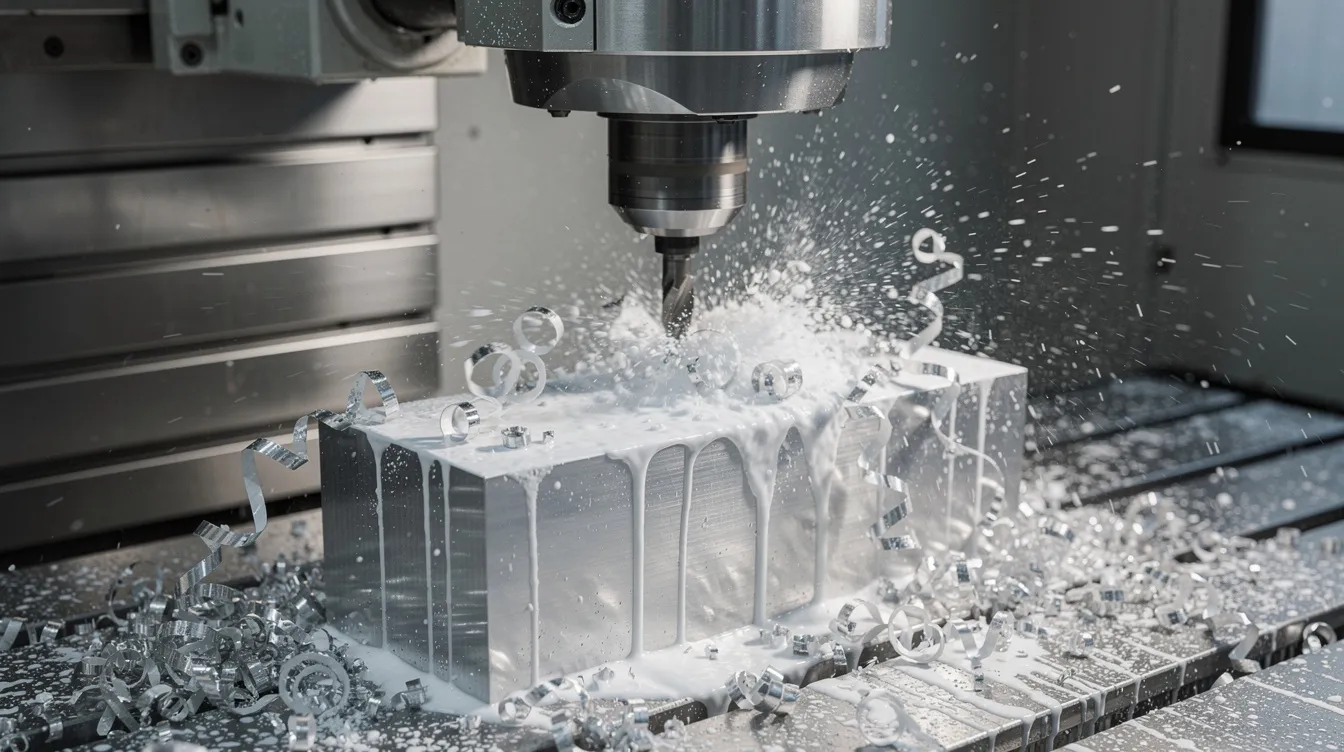 An industrial CNC milling machine is actively cutting an aluminum block, with a visible spray of coolant to manage heat during the precision machining process. This setup highlights the importance of quality control and consistent quality in metal fabrication, essential for industries such as aerospace and medical devices.