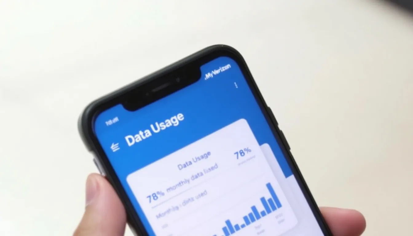 The image displays a smartphone screen featuring the Verizon MyVerizon app interface, highlighting data usage monitoring for users on various Verizon plans. The app allows users to track their mobile hotspot data, ensuring they stay informed about their unlimited data usage and billing cycle.