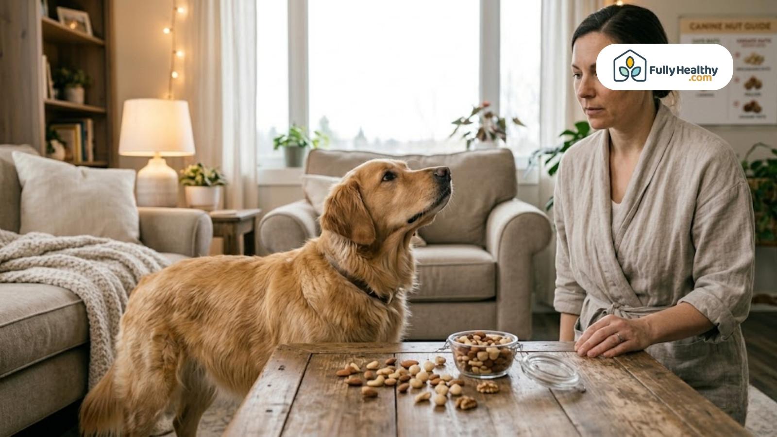 Woman watches dog near table with mixed nuts in living room