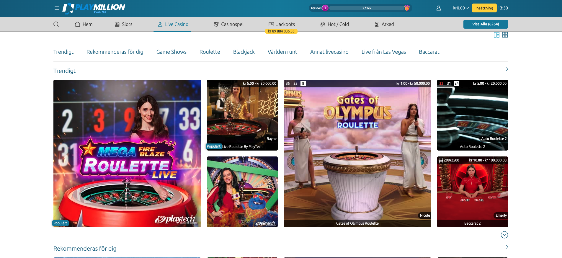 PlayMillion Casino live casino med live roulette, baccarat och game shows som Mega Fire Blaze Roulette Live och Gates of Olympus Roulette.