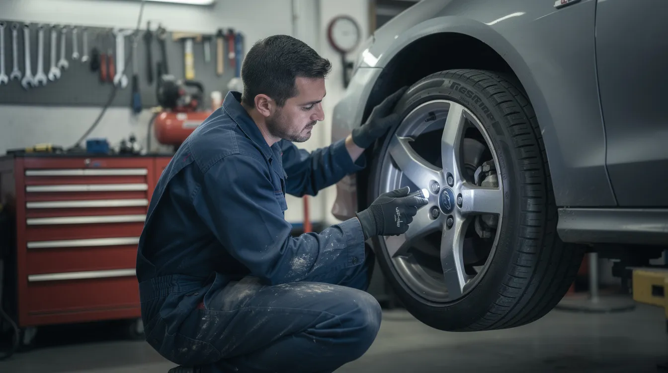 A mechanic is inspecting a car wheel in a garage, focused on ensuring the vehicle meets required safety standards. This thorough check is essential for maintaining the car's mot history and ensuring it passes the next mot test.