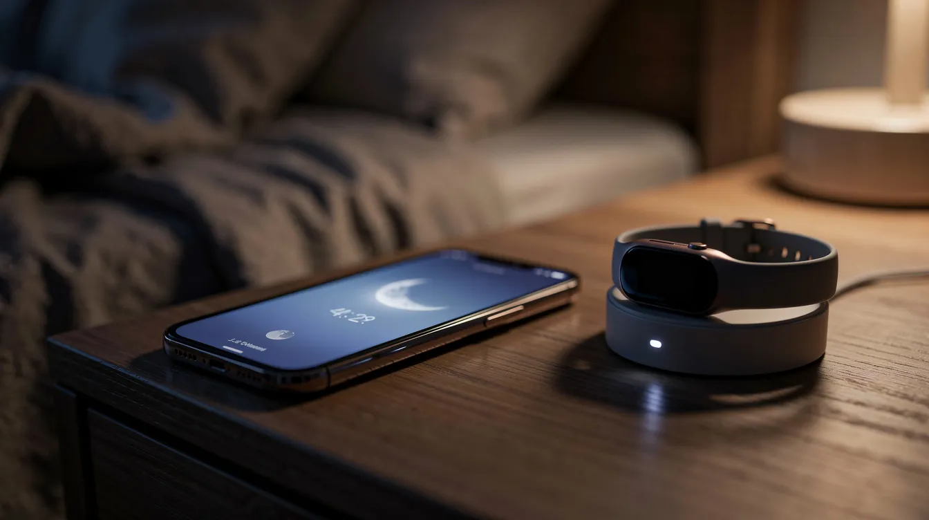 A smartphone is resting on a nightstand beside a sleep tracking wearable device, emphasizing the integration of technology in managing sleep quality and addressing sleep problems. This setup highlights the use of sleep apps and wearable devices as part of a modern approach to improve sleep through behavioral therapy and tracking techniques.