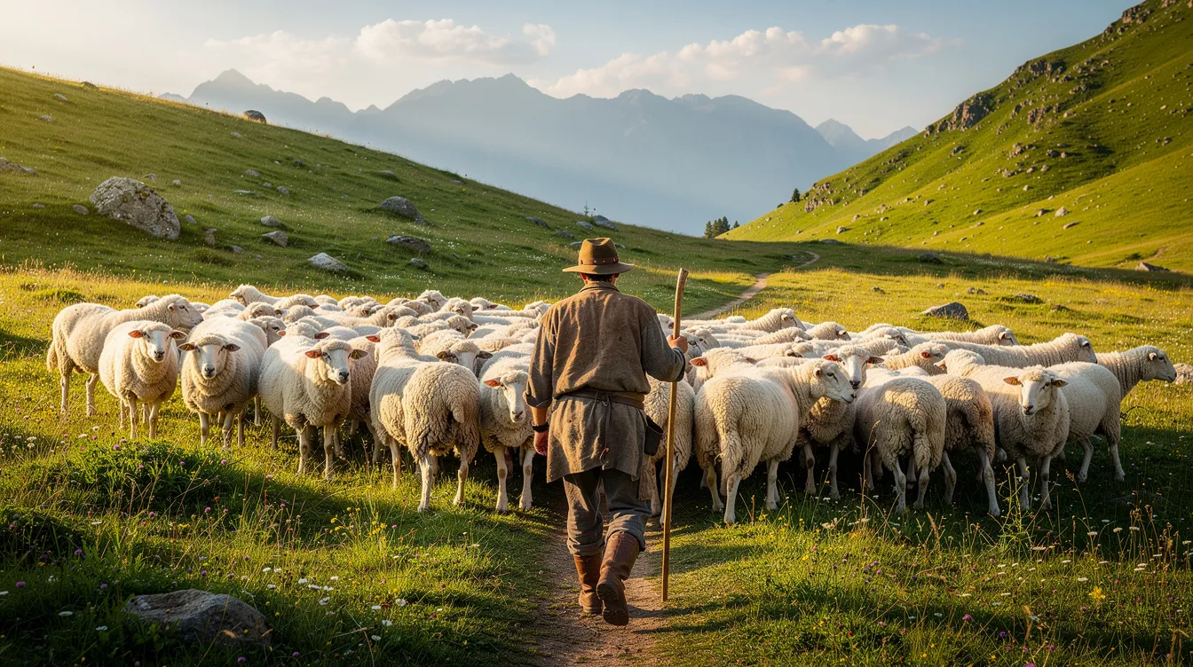 A shepherd, symbolizing the guidance of the Lord Jesus Christ, leads a flock of sheep through a sunlit green valley, representing God's creation and the beauty of life in His marvelous light. The scene reflects the identity of God's children as they follow their shepherd in faith and trust.