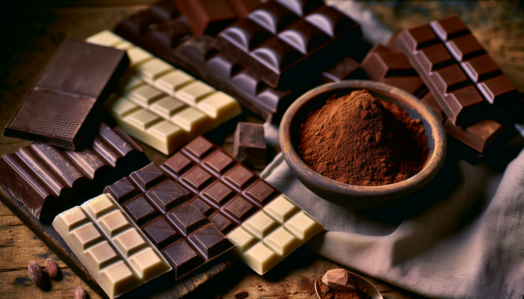 Various types of chocolate bars and cocoa powder