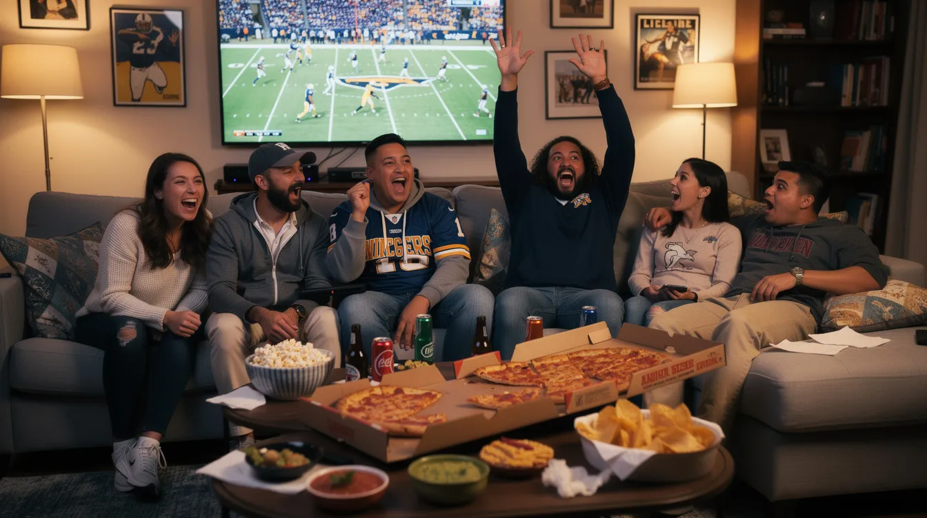 A group of friends is gathered around a table, enjoying snacks while watching a football game on television, likely discussing predictions and scores for the season. The atmosphere is lively as they cheer for their favorite teams, possibly engaging in friendly bets on the outcome of the match.