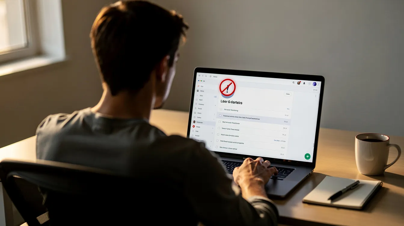 A person is sitting at a desk, intently looking at a laptop screen displaying an email inbox with a prominent red warning notification icon, indicating potential phishing attacks or cyber threats. This image highlights the importance of security awareness in identifying and addressing security risks associated with email communications.
