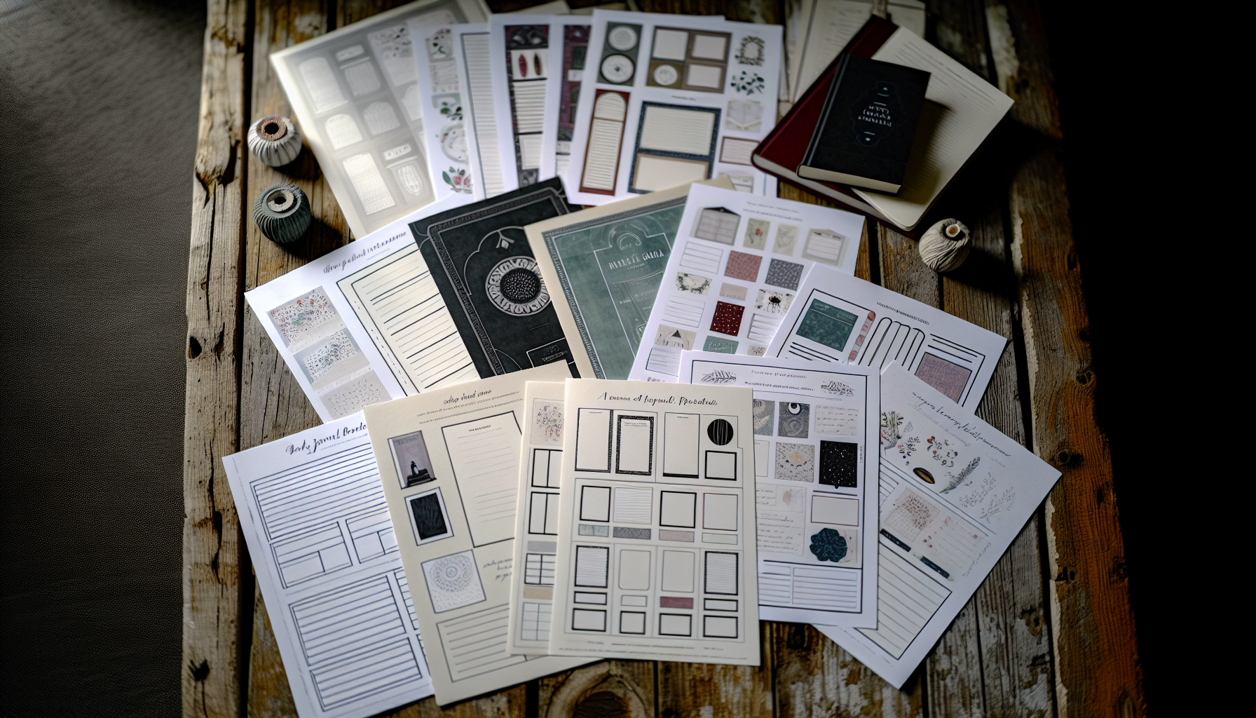A variety of book journal printables displayed on a table