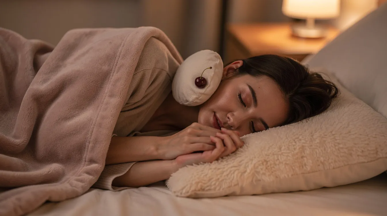 Eine Person liegt seitlich auf einem Kissen und hat ein kleines Kirschkernkissen am Ohr, um Beschwerden wie Ohrenschmerzen zu lindern. Die gemütliche Schlafumgebung vermittelt eine entspannte Atmosphäre, die zur Heilung von Mittelohrentzündungen beitragen kann.