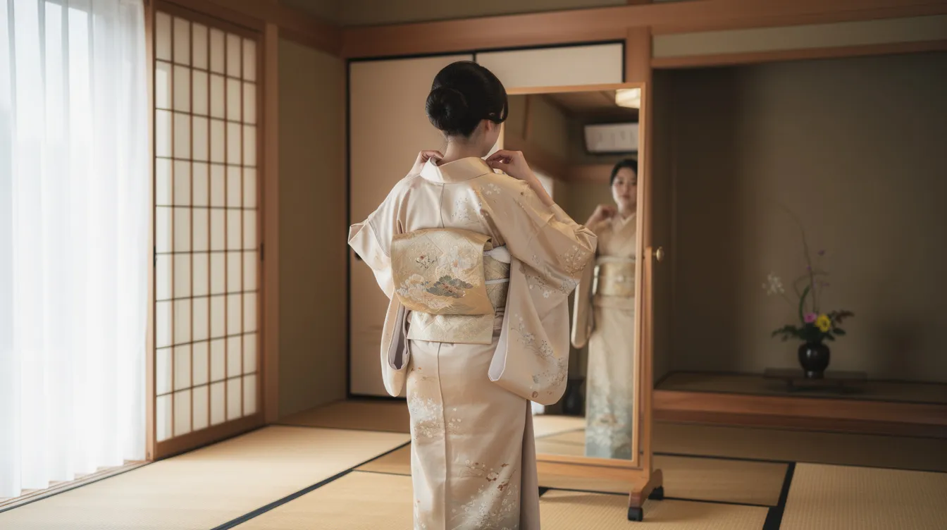 A person is adjusting the inner collar of a formal kimono while standing in front of a full-length mirror in a traditional Japanese room, showcasing the intricate details of the garment's bright colors and silk fabric. The scene reflects the elegance of kimono culture and the proper dressing techniques for formal occasions.