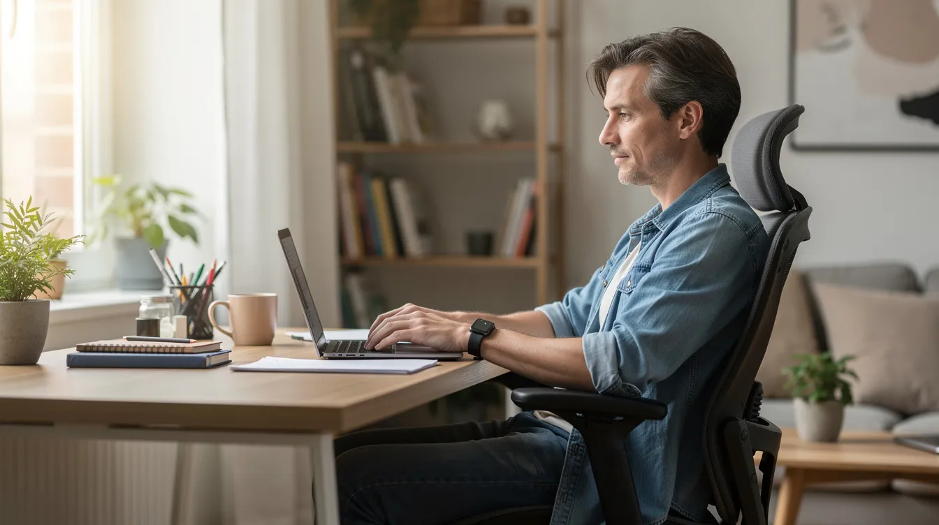 A person is sitting comfortably at a home desk, focused on their laptop while discreetly using a penis extender device, which is part of their daily routine for enhancing penis size and improving pleasure. The scene captures a relaxed atmosphere, highlighting the integration of personal care into everyday life.