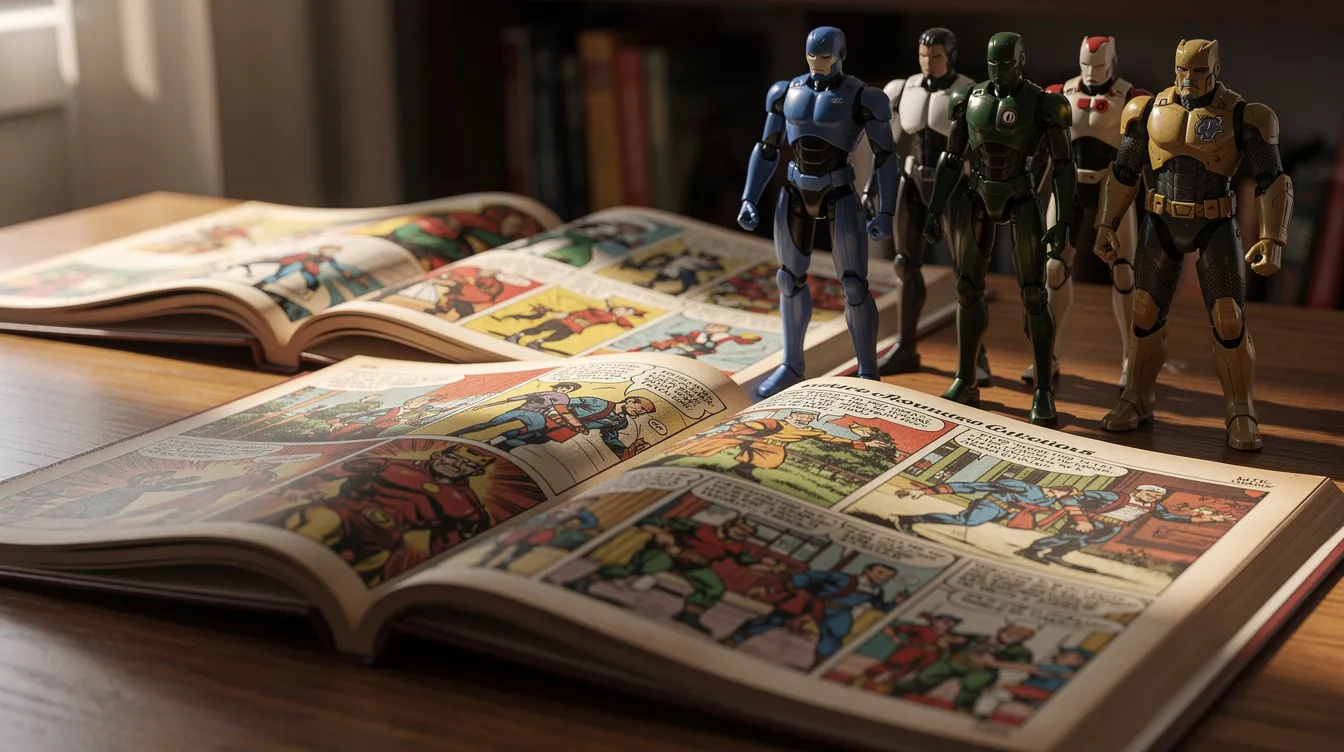 Auf dem Tisch liegen aufgeschlagene, bunte Comic-Hefte aus verschiedenen Jahrzehnten, umgeben von modernen Actionfiguren berühmter Filmcharaktere wie Spider-Man, Iron Man und Captain America aus dem Marvel Cinematic Universe. Die Hefte zeigen eine Vielzahl von Superhelden und Geschichten, die die Entwicklung des Marvel-Universums über die Jahre hinweg widerspiegeln.
