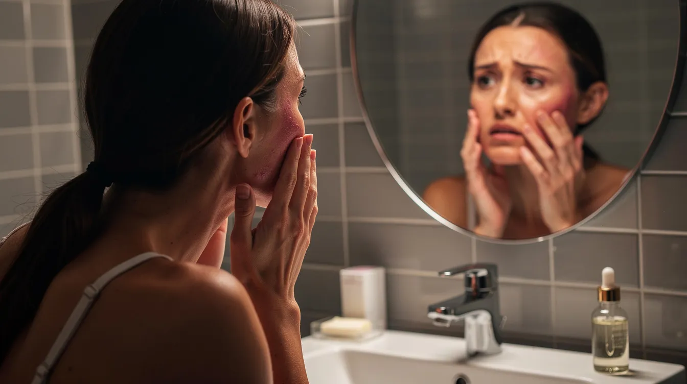 A woman stands in front of a bathroom mirror, her worried expression reflecting her concern as she touches her slightly flushed red cheek due to skin irritation.
