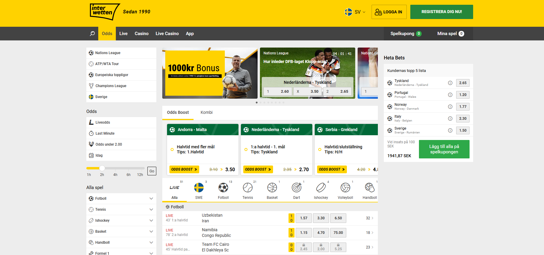 Interwettens bettingsida med liveodds, Odds Boost och flera sporter.