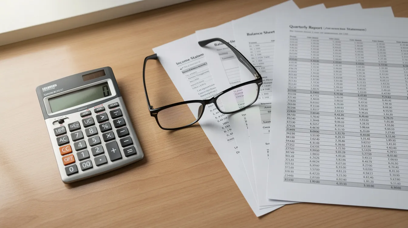 The image depicts a desk cluttered with a calculator, reading glasses, and printed financial statements, suggesting a focus on managing taxable income and tax strategies related to employer stock and retirement assets. This setup may indicate preparation for discussions around ordinary income tax rates and potential tax benefits from net unrealized appreciation.