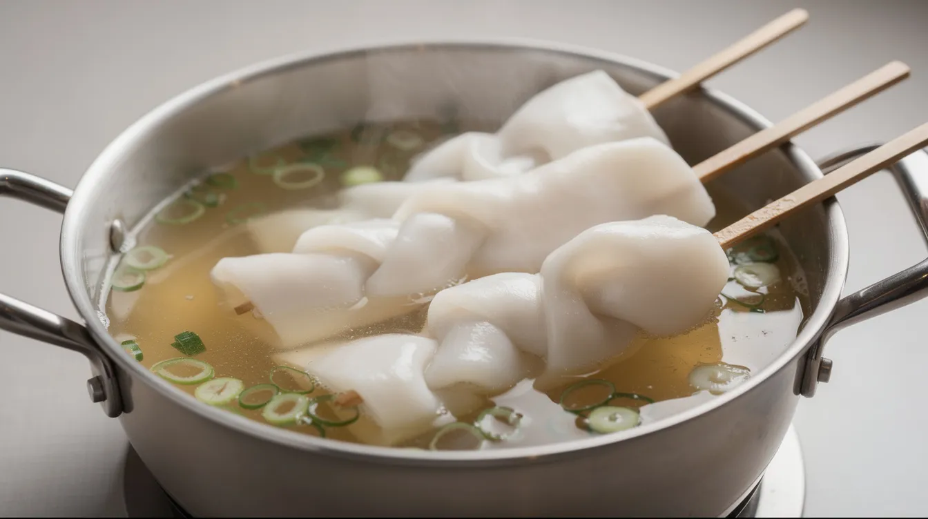 The image features skewered white fish cakes simmering in a clear broth pot, with fresh green onion slices floating on top, creating a visually appealing presentation of a popular Korean street food. This dish, often enjoyed with spicy sauce and chewy rice cakes, is a comforting and flavorful meal perfect for any occasion.