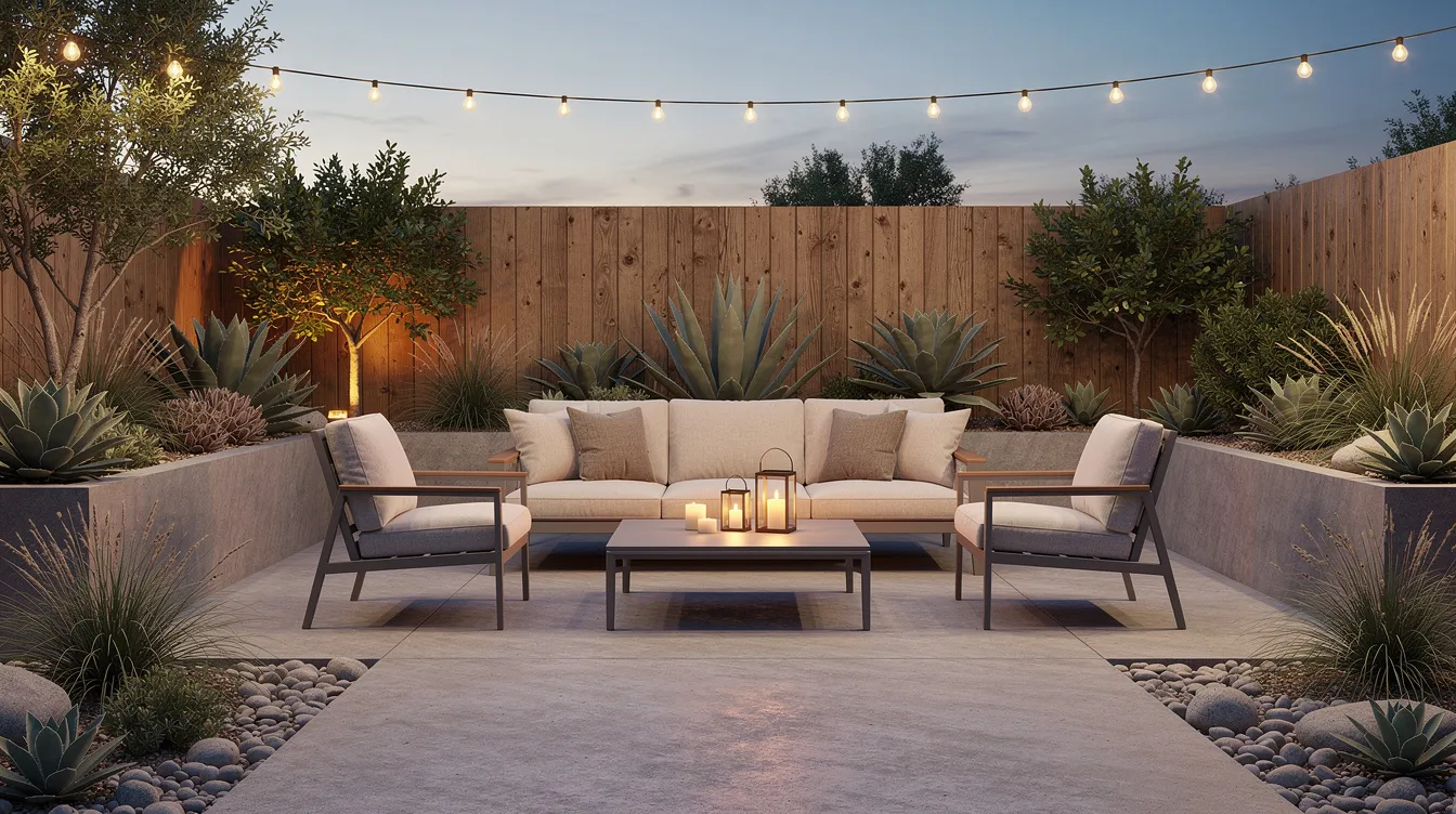 The image depicts a beautifully staged outdoor patio featuring comfortable seating and drought-tolerant plants, illuminated by the warm glow of evening light. This inviting space is designed to attract potential buyers and enhance the appeal of a vacant home, showcasing the expertise of a professional home staging company.