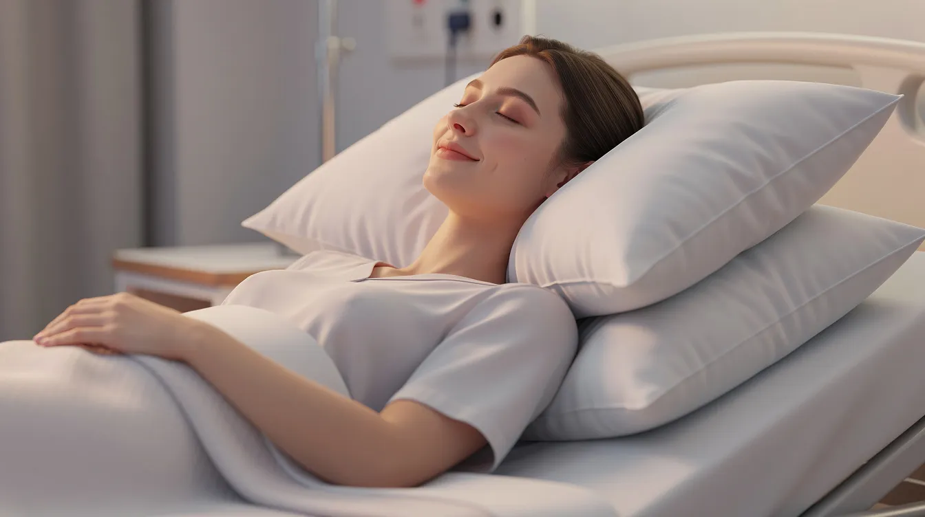 A young man is resting comfortably on elevated pillows, displaying a relaxed expression after undergoing upper eyelid ptosis repair. His eyes appear rejuvenated, with improved symmetry and a natural appearance, suggesting a successful eyelid surgery.