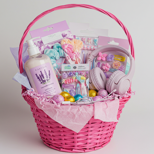 This basket will be a hit hit with a teenage girl. Shop for lotions and pull up the larger items towards the back so you can see them.