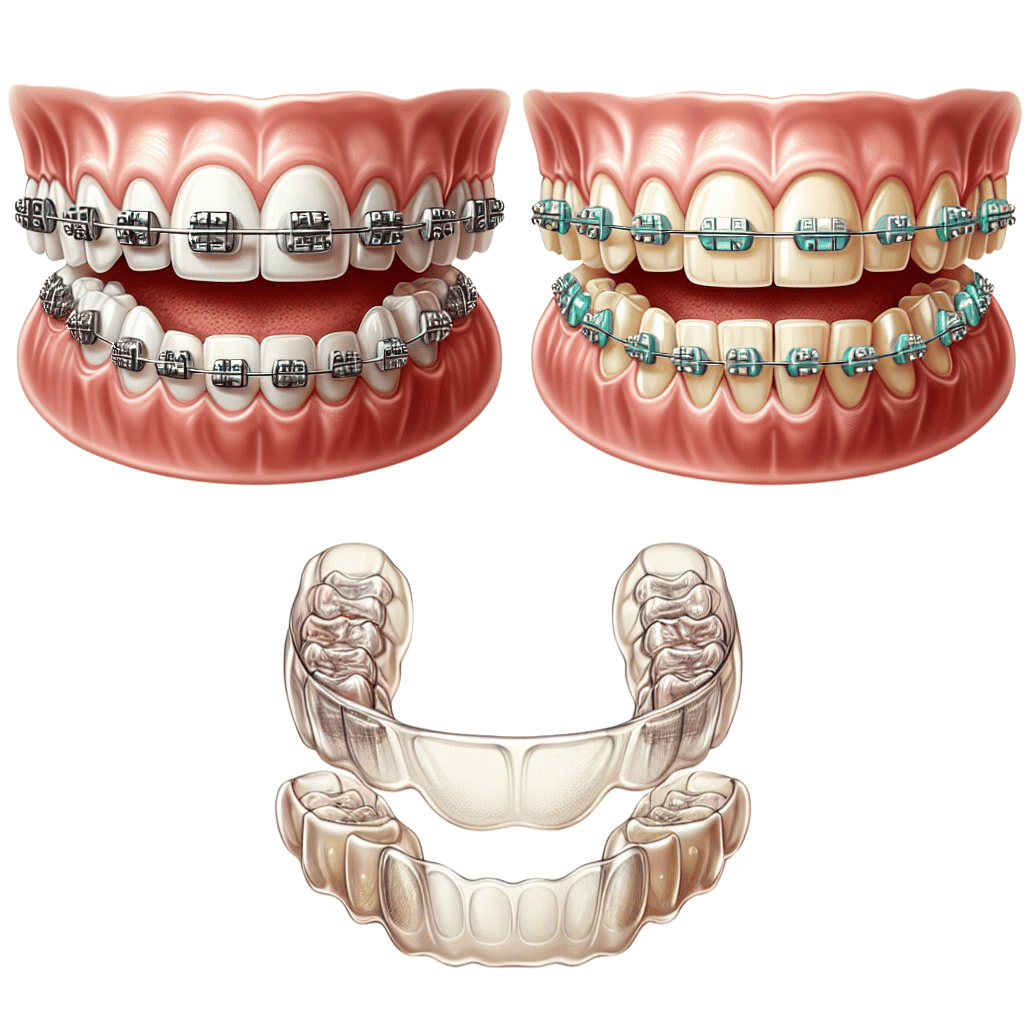 Bilde som viser tre forskjellige typer tannregulering: tradisjonelle metallbøyler, keramiske bøyler og Invisalign