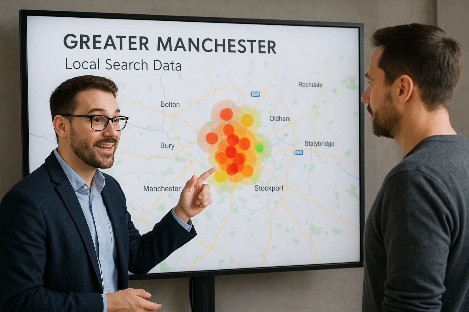 Two men looking at a screen which shows a heat map of Greater Manchester of local search data