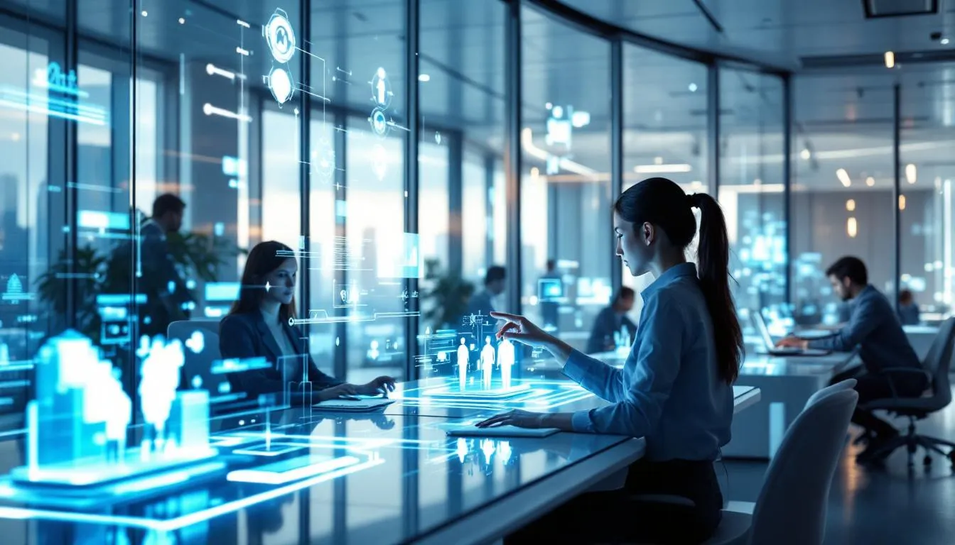 The image depicts a futuristic office environment where diverse individuals are engaged in their work, utilizing holographic displays and advanced technology interfaces. This setting emphasizes the integration of innovative tools that can enhance growth marketing strategies by improving customer experience and engagement metrics.