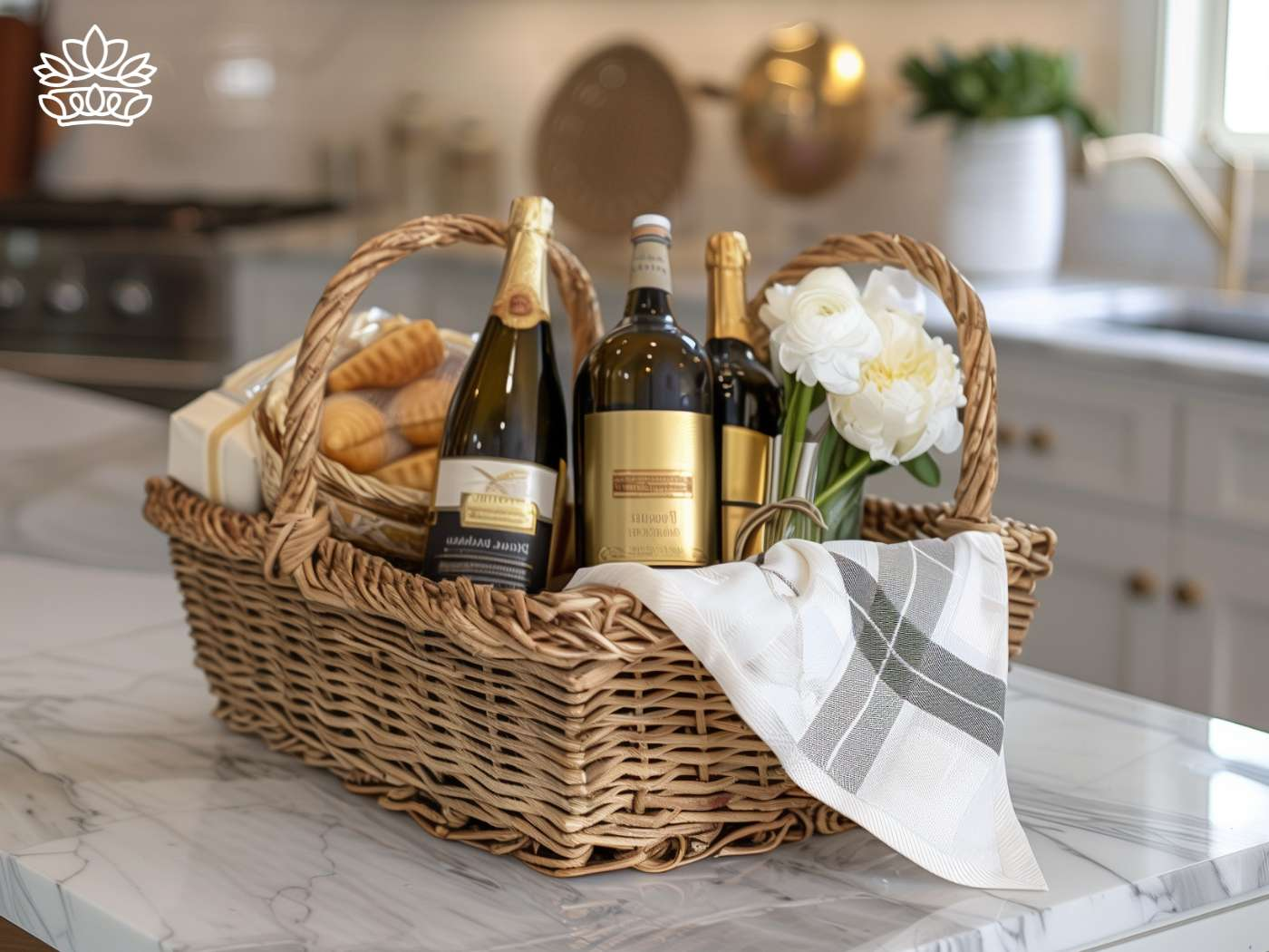 A luxurious wicker basket on a marble countertop filled with premium wine bottles, gourmet biscuits, and radiant white flowers, curated by Fabulous Flowers and Gifts.