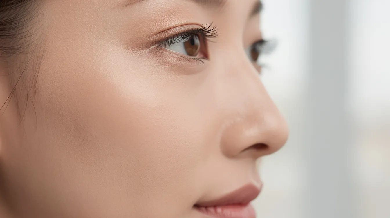 The image shows a side profile of a person with smooth and natural-looking under-eye contours, enhanced by facial fat grafting techniques. The soft daylight accentuates the subtle results of their lower blepharoplasty procedure, highlighting the individual results that can vary from patient to patient.