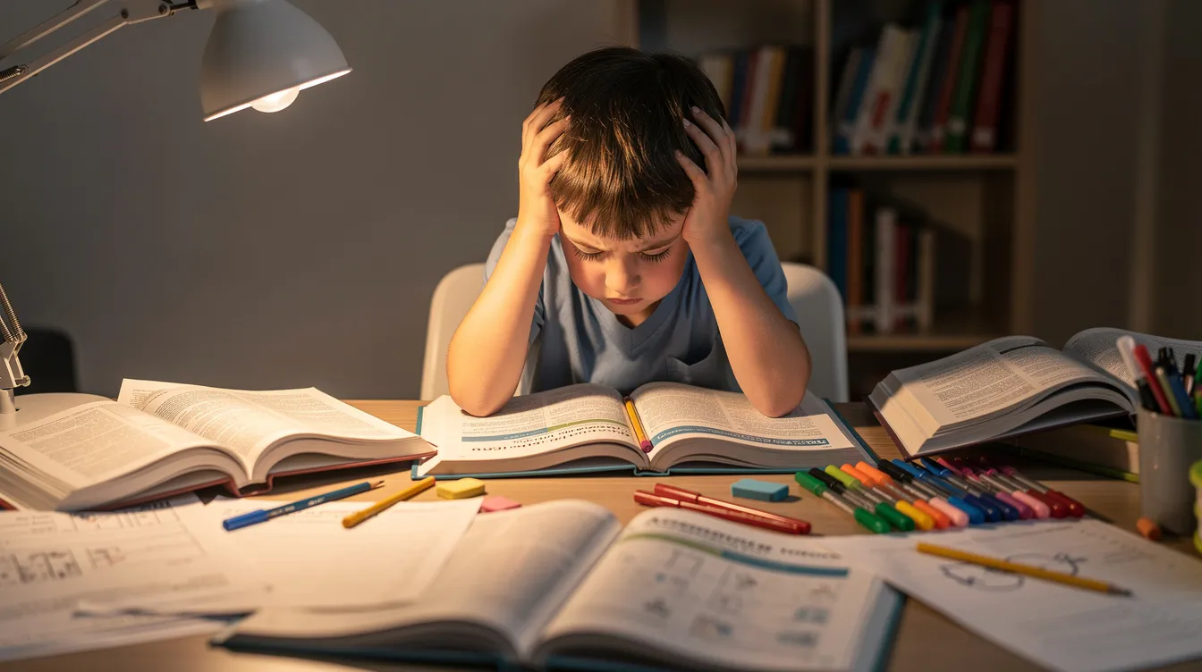 A tired and frustrated child sits at a desk cluttered with open textbooks and assessment books, reflecting the challenges faced by students with learning disabilities. This scene highlights the emotional factors and academic demands that can affect a child's ability to learn effectively, emphasizing the need for tailored interventions and support from educational therapists.