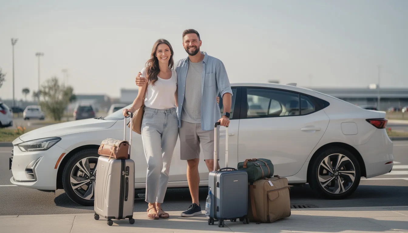 Un couple souriant se tient devant une voiture de location, entouré de bagages. Ils semblent prêts pour un départ, avec des documents de location à portée de main, illustrant l'importance des moyens de paiement comme la carte de crédit ou de débit pour la prise en charge du véhicule.