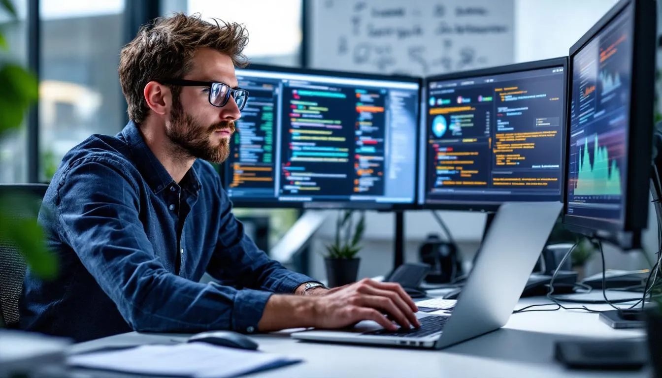 Un expert en cybersécurité examine des données de sécurité sur plusieurs écrans d'ordinateur, analysant des failles de sécurité et des adresses IP dans le cadre d'un test d'intrusion pour renforcer la sécurité des systèmes informatiques. L'environnement de travail est moderne, avec des graphiques et des tableaux affichant des résultats d'audit et des menaces potentielles.