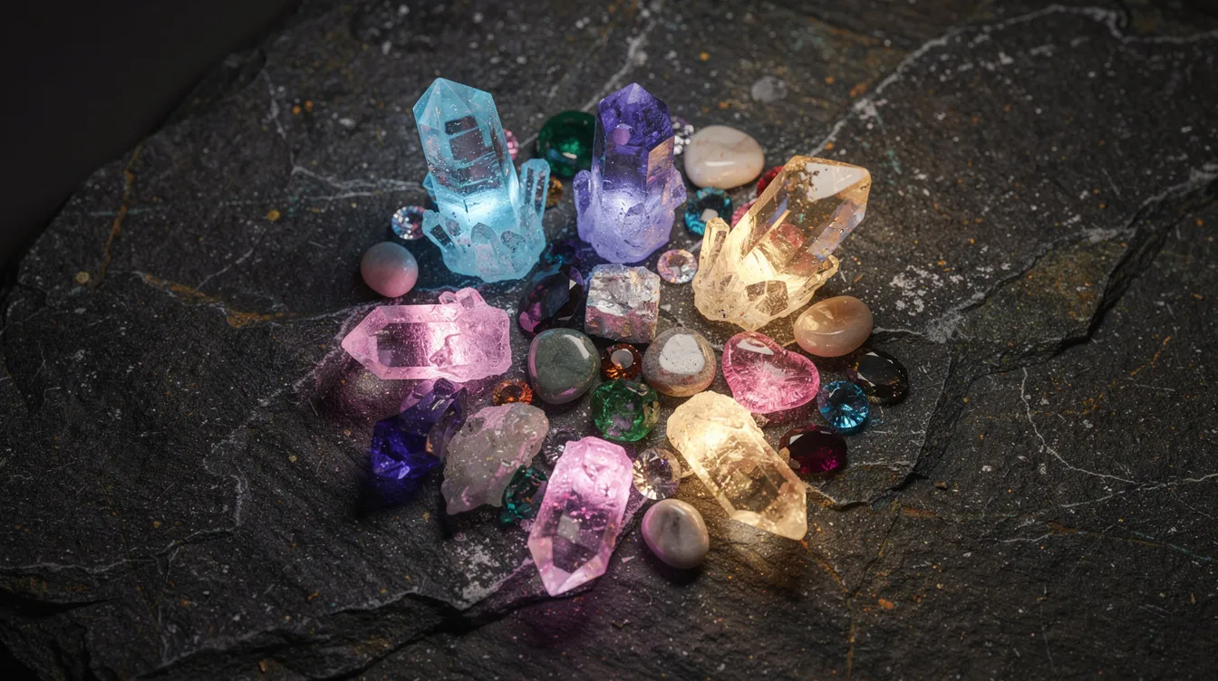The image features a stunning array of glowing colorful crystals and gems, intricately arranged on a dark stone surface, creating a magical ambiance reminiscent of mana pools in a fantasy setting. The vibrant hues reflect light, evoking a sense of enchantment and the potential for casting powerful spells in a game like Magic: The Gathering.