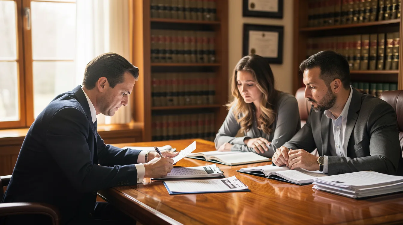 An experienced attorney is sitting at a desk in a law office, reviewing accident documents with concerned parents regarding their child's injury from a car accident. The discussion focuses on the legal options for pursuing a personal injury claim to ensure the child's financial future and address medical expenses related to the injuries sustained.