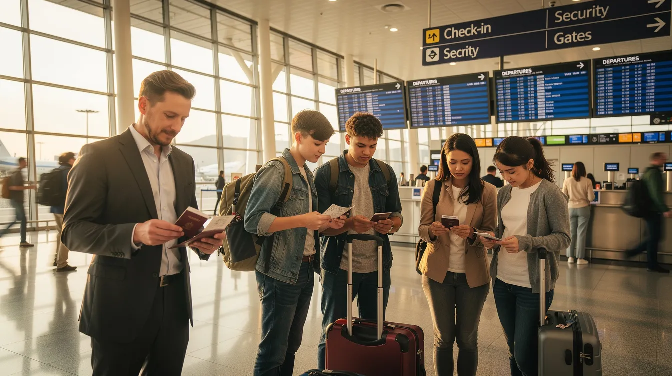 Travelers are gathered at an airport terminal, checking their valid passports and travel documents before their international flight to Spain. They are ensuring they meet the entry requirements set by the Spanish authorities, which include having sufficient funds and proof of accommodation for their stay.