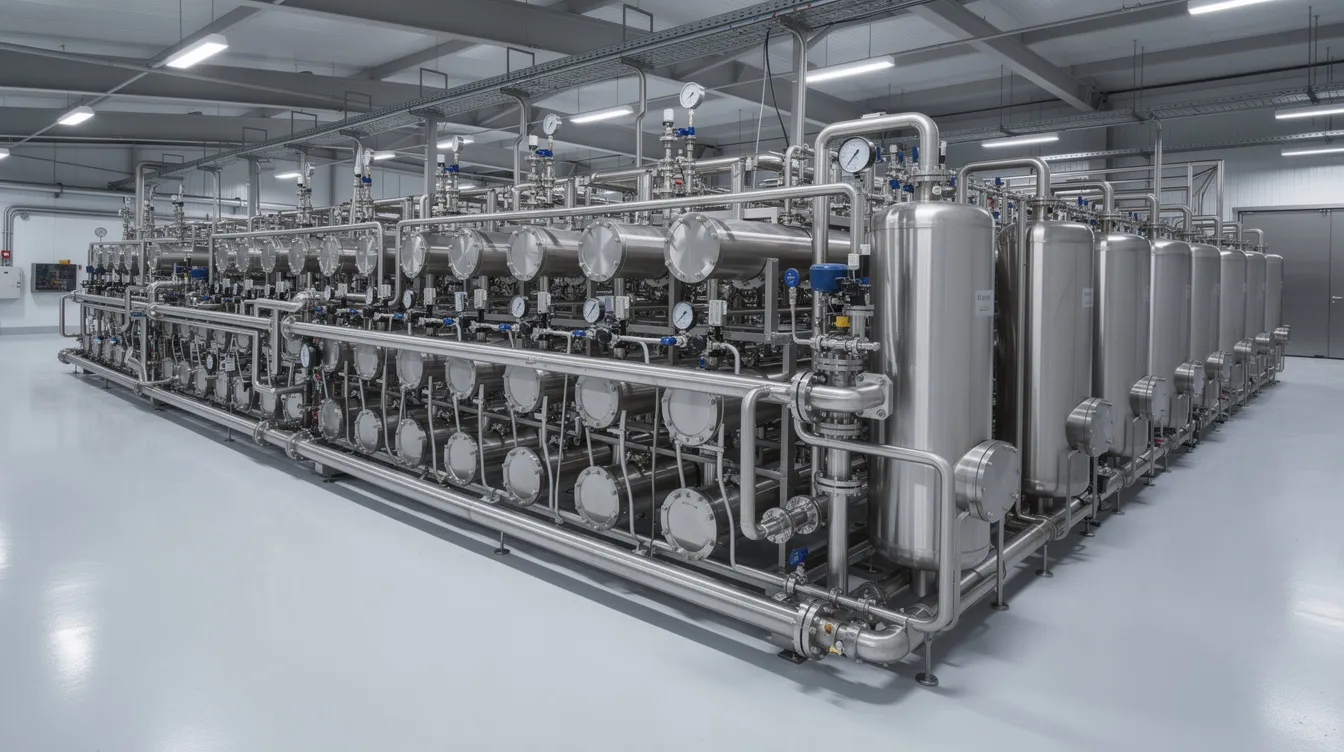 The image depicts rows of cylindrical membrane filtration modules installed in a whey processing plant, showcasing essential equipment used in the production of whey protein concentrate and whey protein isolate. These modules are integral to the manufacturing process, ensuring efficient filtration and consistent product quality.
