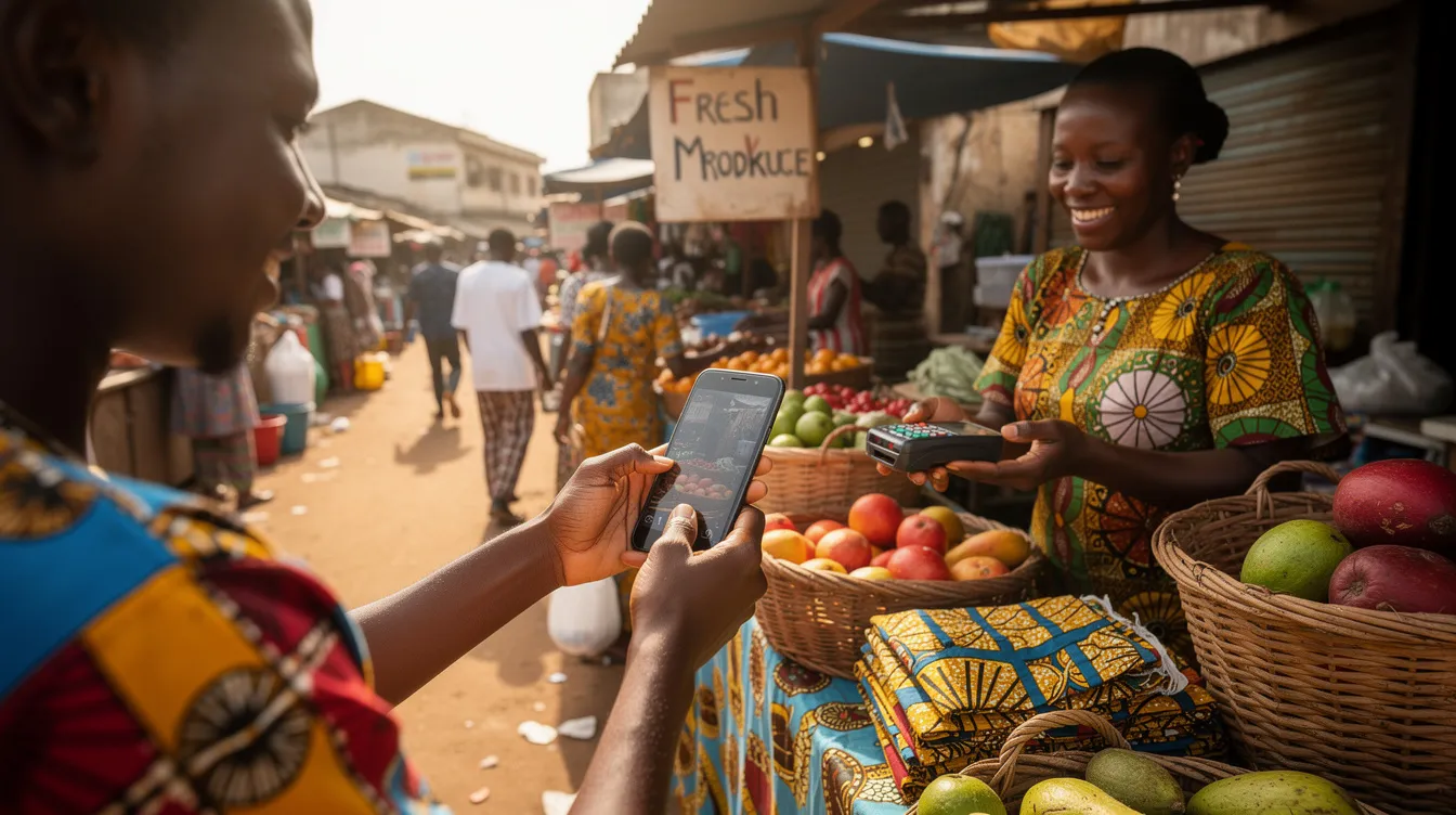 A person is using a smartphone to make a mobile payment at a bustling market stall in Nigeria, showcasing the convenience of fintech services like Opay for transactions. The scene captures the vibrant atmosphere of the market, emphasizing financial inclusion and the growing use of digital payment methods among Opay users.