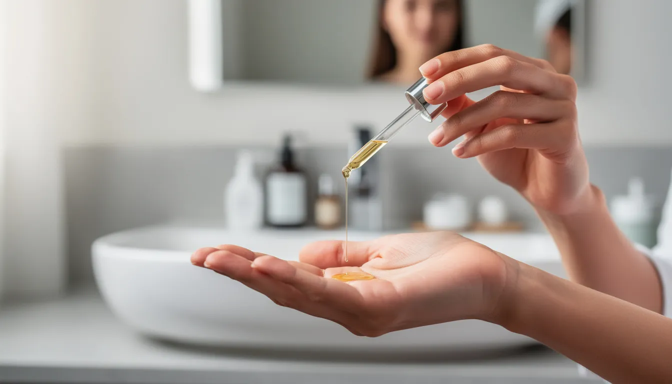 A person is applying a facial oil, possibly macadamia nut oil, using a dropper to their palm in a bright and clean bathroom setting, highlighting the oil's rich texture and potential benefits for skin hydration and youthful appearance. The scene conveys a sense of self-care and wellness.