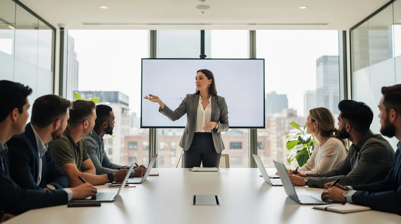 Une femme professionnelle, confiante, dirige une réunion dans un bureau moderne, entourée de collègues qui écoutent attentivement autour d'une table. Cette scène illustre l'importance de la confiance en soi et de l'estime de soi au travail, des éléments clés pour le développement personnel et la réussite professionnelle.
