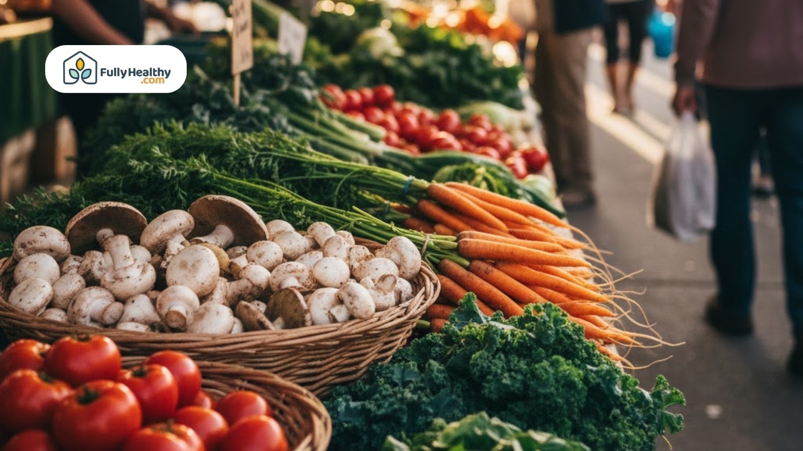 Fresh mushrooms carrots tomatoes and greens on display at outdoor farmers market