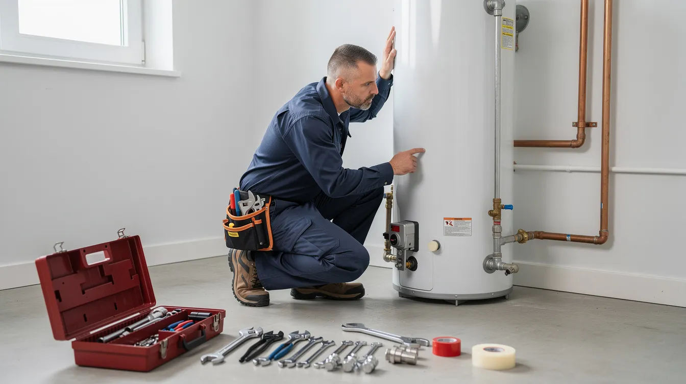 A plumber in work gear crouches beside a residential water heater, surrounded by various tools on the floor, ready to provide plumbing services such as water heater repair and installation. This scene highlights the expertise of home service experts dedicated to resolving plumbing issues efficiently.