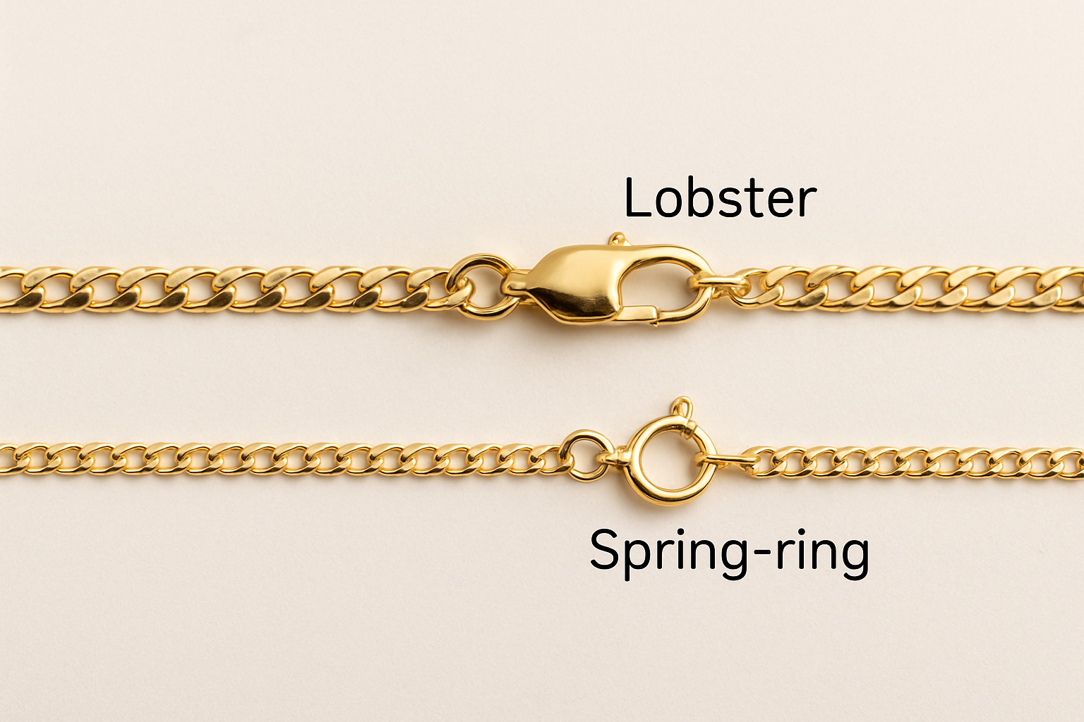 Dvi auksinės grandinėlės su lobster ir spring‑ring užsegimais