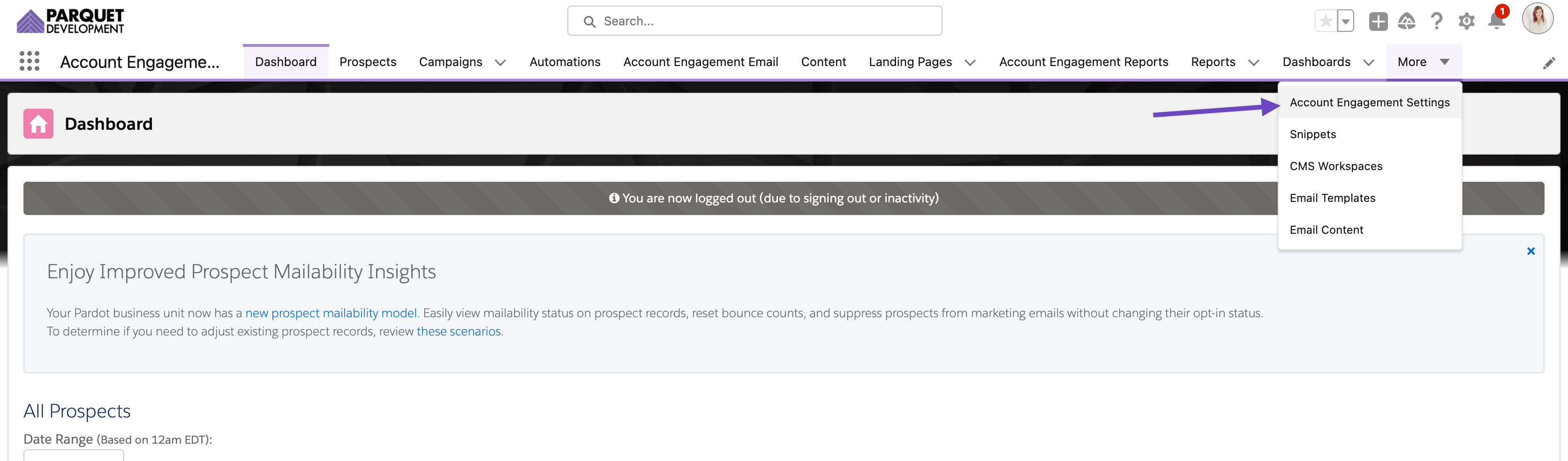 screenshot of pardot/account engagement and the account engagement settings tab