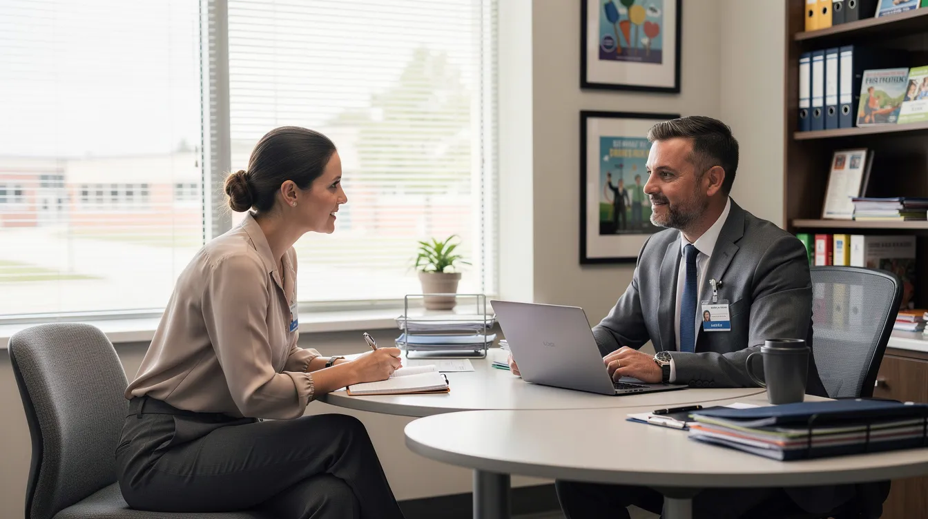 The image shows a professional educator engaged in a discussion with a school administrator in an office setting, highlighting the importance of professional development and education credit programs available through the California Teachers Association. They are likely discussing options for accumulating professional growth hours and university credit units to enhance their teaching credentials.