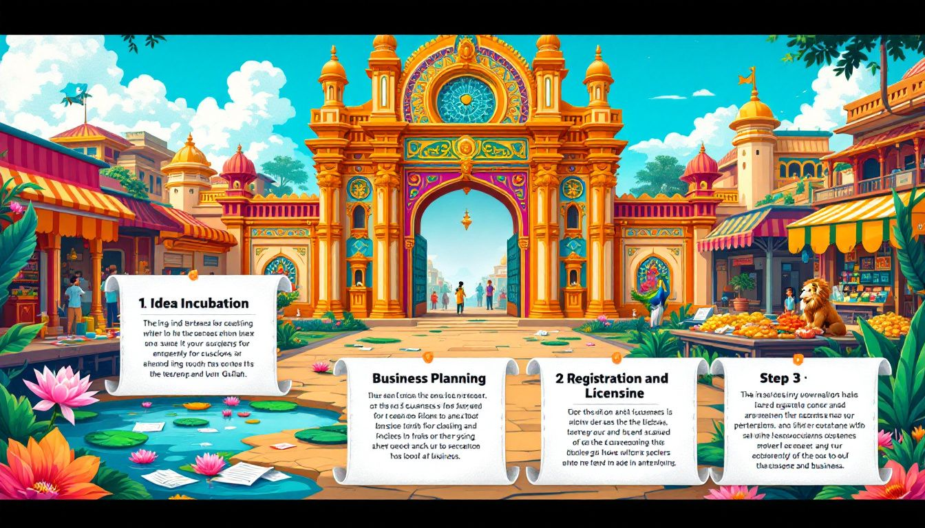 02b34827 ddb5 471e 96cd cc062ba846ac A step-by-step infographic illustrating the process of starting a business in Gujarat.